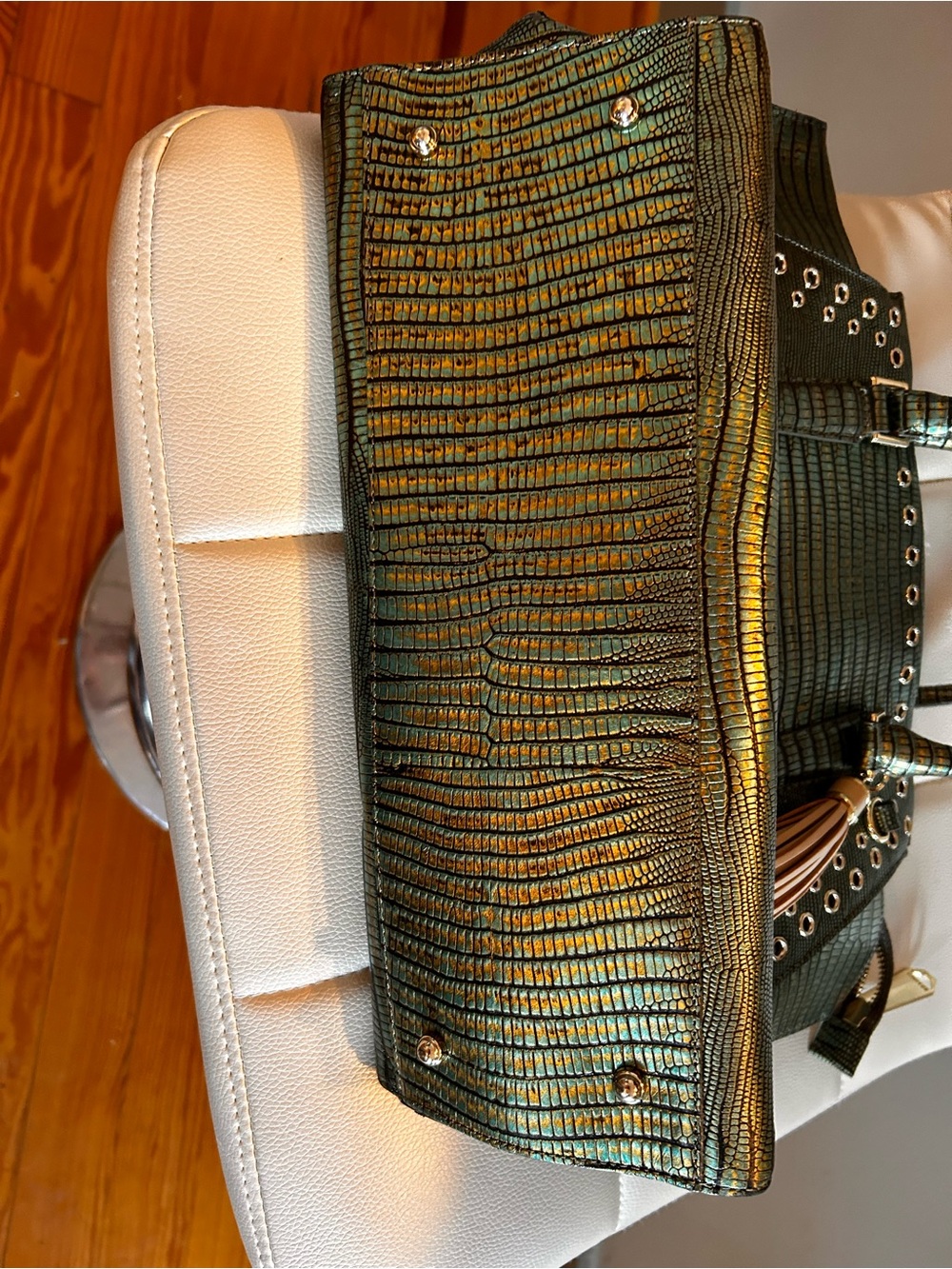Brahmin Iridescent Green Croc-Embossed Tote with Eyelet Trim - Picture 2 of 3